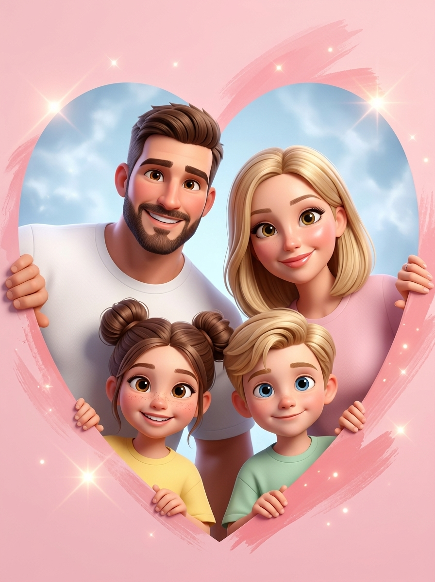 Семейный 3D-портрет в стиле Disney внутри сердца